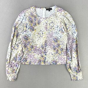 1.‎ State Blouse Womens L Floral Smocked Puff Sleeve White Stretch Purple